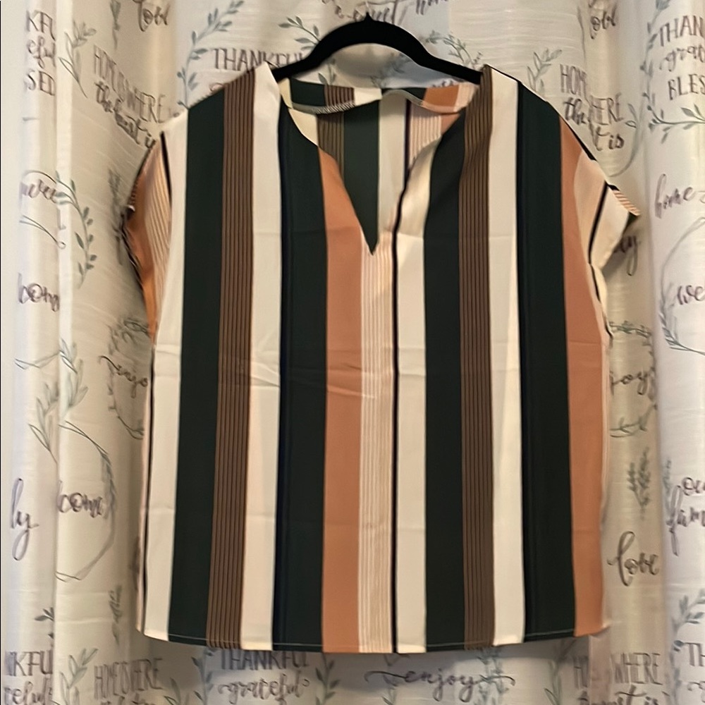 Green and Peach Boxy Blouse with Mandarin Collar and Cap Sleeves